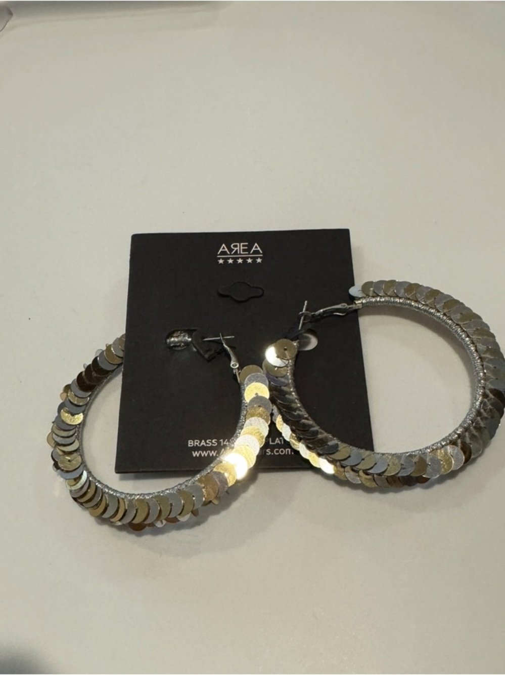 New AREA Gold & Silver Sequin‎ Hoop Statement Earrings 14k Gold Plated Brass - Picture 2 of 4